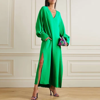 Yeezzı Moda Kadın Yeşil Zarif Cepler Spor Gevşek Uzun Puf Kollu Düz Renk V Yaka Maxi Elbiseler Kadınlar için 2022 Yeni