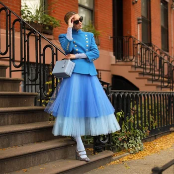 2019 Moda Mix Renk Tül Etekler Kadınlar İçin Yüksek Sokak A-line Ruffles Ayak Bileği Uzunluğu Tül Yetişkin Etek 2018 Faldas Mujer