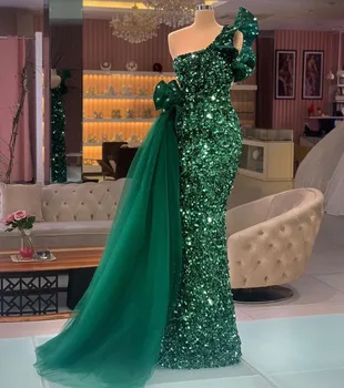 Shining Yeşil Mermaid Abiye Arapça Dubai Bir Omuz Lüks Boncuk Sequins Kat Uzunluk Balo Pageant elbise Robe De Soiree