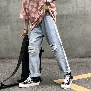 Yüksek Bel Yırtık Jean Yüksek Bel Gevşek Düz Tüp Dökümlü Geniş Bacak Pantolon Hip hop Yüksek Sokak Erkekler Kadınlar Düz Pantolon
