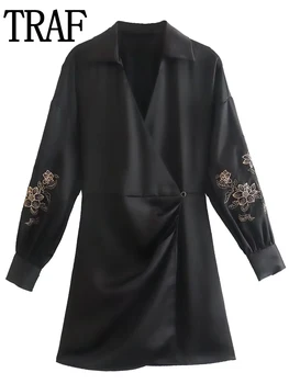 TRAF Siyah Saten Elbise Çiçek Uzun Kollu Zarif Elbiseler Kadınlar İçin 2022 Sonbahar Rahat kadın elbiseleri Pilili Bayan Elbiseler