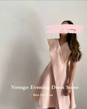 Verngo Allık Pembe Mat Saten Akşam Parti Elbiseler V Boyun Cap Kollu Diz Boyu Suudi Arabistanlı Kadınlar Balo Elbise Düğün Parti