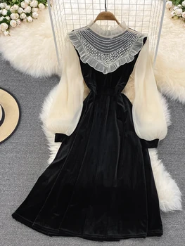 FTLZZ Sonbahar Kış Zarif Kadın Standı Yaka Ruffled Elbise Vintage Dantel Örgü Patchwork Elbise Ofis Bayan evaze elbise