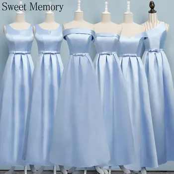 Mavi Gelinlik Modelleri Saten Pembe Şampanya Lace Up Düğün Parti Elbise Örgün önlük Kadın Uzun Mezuniyet Elbise