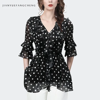 Kadın Yaz Yarım Kollu Siyah Polka Dots Bluz Şifon Üst Ruffles V Yaka Uzun Tunik Üst Zarif Ince Moda Rahat Gömlek