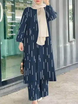 Vintage Baskılı Pantolon Takım Elbise ZANZEA Moda Kadınlar Müslüman Setleri Iki Parçalı Setleri Yaz Kıyafetler Dubai Türkiye Abaya Başörtüsü Eşofman