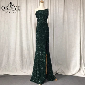 Bir Omuz Yeşil Abiye Pullu Mermaid Balo elbisesi Glitter Dantel Uzun Örgün Parti Açık Bölünmüş Bayan Moda Elbise Şık