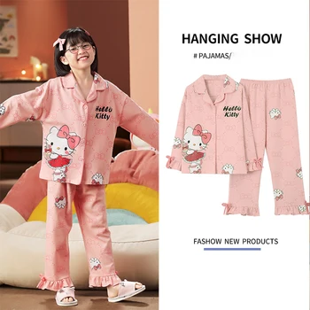 Sanrios Hello Kittys Çocuk Pijama Kawaii Kız İlkbahar / sonbahar Saf Hırka Uzun Kollu Karikatür Figürü Eşofman İki Parçalı Set