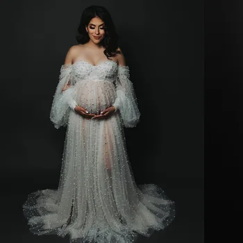 İnciler hamile elbiseleri Uzun Kollu Cap Sleeve Sevgiliye Illusion Gelin Bebek Duş Önlük Fotoğraf Çekimi Balo elbisesi