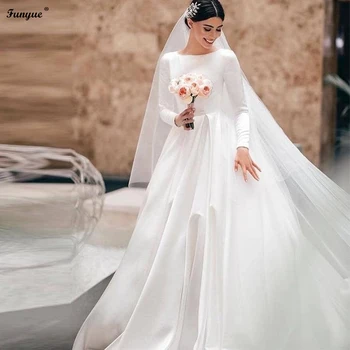Şık Uzun Kollu Tekne Boyun A-line Saten düğün elbisesi Gelin Vestidos De Novia Müslüman gelinlikler Ücretsiz Peçe ile