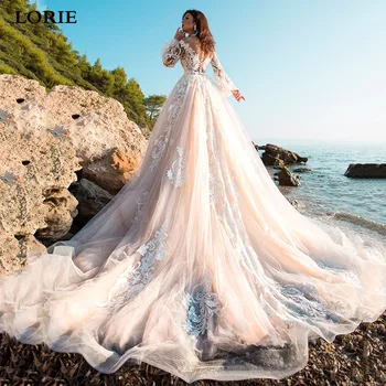 LORIE Prenses düğün elbisesi Bir Çizgi Dantel Aplike Puf Kollu gelinlik Uzun Tren Boho gelinlik Custom Made