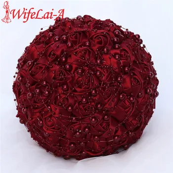 WifeLai-Güzel Bir İnci Boncuklu Gelin Buketi Koyu Kırmızı İpek Gül Gelin Nedime Holding buket çiçekler de noiva W3018A