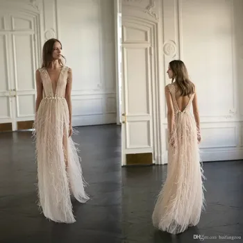 Şampanya Eisen Stein düğün elbisesi es Plaj Tarzı Bir Çizgi Derin V Boyun Devekuşu Tüyü düğün elbisesi Custom Made Elbiseler De Mariée