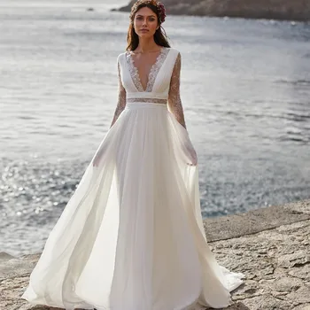 Plaj Çiçek Dantel Şifon düğün elbisesi Derin V Boyun Boho Bir Çizgi gelinlik Kadınlar için Uzun Kollu Gelin Elbise