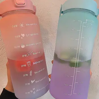 2 Litre Büyük Kapasiteli Ücretsiz Motivasyon Zaman İşaretleyici ile Spor Testiler Degrade Renk plastik bardaklar Açık Buzlu Su Şişesi