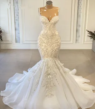 Lüks Mermaid Afrika Kadınlar düğün elbisesi 2023 Boncuklu Nakış Seksi Beyaz Vintage Dantel Organze gelin kıyafeti Robe De Mariage