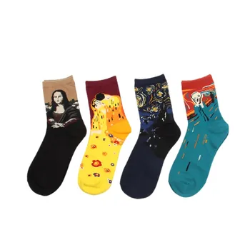 Moda Sanat Penye Pamuk Ekip Kadın Çorap Boyama Yaratıcı Tasarım Severler çorap Mona Lisa Van Gogh Yıldızlı Gece