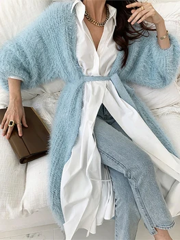 Lorıbındwood Yeni 2021 kadın Sonbahar Kış Kazak Zarif Bayan Tiftik Hırka Moda Lace Up Pembe Uzun Triko