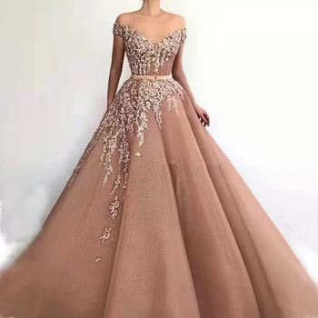 Güzel 3D Çiçek Aplike Boncuk Prenses Akşam Elbise Kapalı Omuz V Boyun Kemer Örgün Balo Elbise A-line elbiseler de soirée