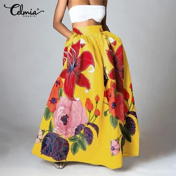 Celmia Bohemian Çiçek Baskılı Etekler Kadınlar Vintage Yüksek Bel Maxi Etek 2022 Moda Rahat Gevşek Kadın Parti A-Line Etek