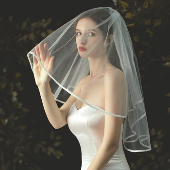 V702-1 Zarif Düğün Gelin Kısa Beyaz Allık Peçe Yumuşak Tül 2-T Kesim Kenar Gelin Omuz Peçe Kadın Evlilik Aksesuarları