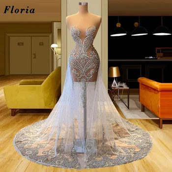 Floria Illusion Boncuklu Abiye 2022 Dubai Resmi Uzun Parti Törenlerinde Düğün Vestidos Rhinestone Ünlü Balo Elbise