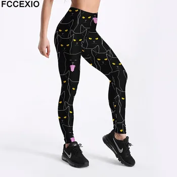 FCCEXIO Kadınlar Egzersiz Tayt Yüksek Bel Spor Legging Sarı Göz Kedi 3D Baskılı Leggins Kadın Bacak Pantolon Tayt