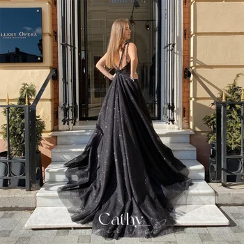 Cathy Glitter A-line Balo Elbise Parlak Siyah فستان سهرة Sevgiliye Tül Sweep Kuyruk Parti Elbise Zarif Sequins Akşam Elbise
