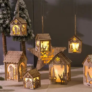 Noel led ışık Ahşap Ev Vitrin Depolama Rafı Noel Ağacı Tatil Dekorasyon asılı dekorlar İşık Lambası ile