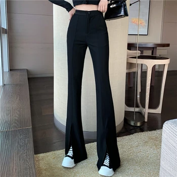 Flare Pantolon Hem Bölünmüş siyah pantolon Kadın Moda 2021 Harajuku Yüksek Bel Kore Kat Uzunluk Pantolon Kadın Pantolon