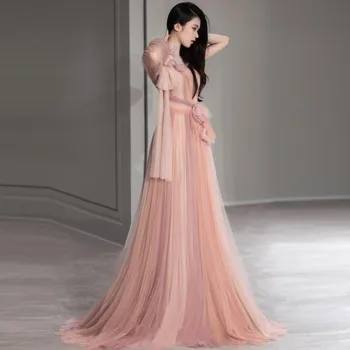 Bir Omuz Tül Elbise A-line 3D Çiçekler Elbise Uzun Kollu Aç Geri Abiye Tüy Pembe Balo Elbisesi Custom Made