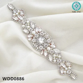 (1 ADET) Gümüş kristal rhinestone gelin kemeri aplike dikmek için demir düğün elbisesi WDD0886
