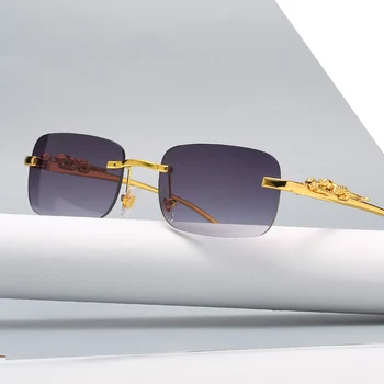 Vintage Çerçevesiz Kare Güneş Gözlüğü Kadın Erkek Lüks Marka Tasarımcısı Popüler Seyahat Sürüş Metal Leopar Kafa güneş gözlüğü UV400