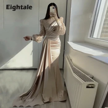 Eightale Akşam Elbise Düğün Parti için V Boyun Şampanya Glitter Uzun Kabarık Kollu Mermaid Saten Arapça Ünlü Balo elbisesi