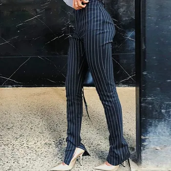 Kadın Ofis Pantolon 2020 Yüksek Bel Çizgili Pantolon Kadın Sweatpants Yan Bölünmüş OL İş Sıska Bayan takım elbise pantalonları
