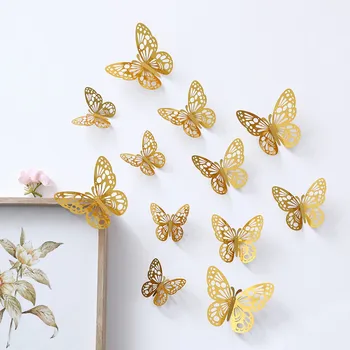 12 Adet 3D İçi Boş Kelebek Duvar Sticker DIY Ev Dekorasyon için Çıkarılabilir Altın duvar çıkartmaları Doğum Günü Düğün Pastası Dekor