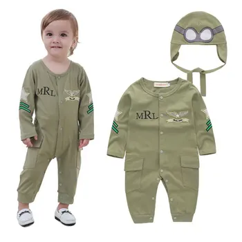 Erkek bebek Bebek Yeşil Tam Kollu Pilot Aviator Romper + Şapka 2 adet Set Tulum Kıyafet Tulum Tulum Pamuk Kostüm